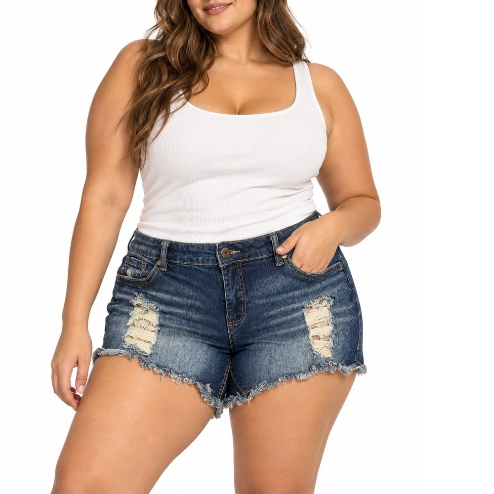 Women's Denim Shorts Blue Size 16 Distressed Lace Inset Raw Hem Cut Off Mid Rise